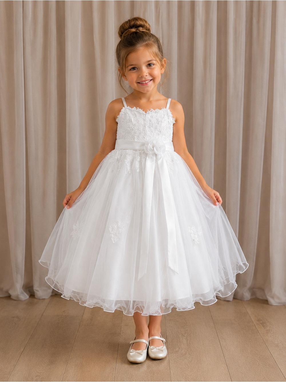 White Lace Bodice Tulle Flower Girl Dress